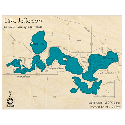 Bathymetric topo map of Lake Jefferson, MN with roads, towns and depths noted in blue water.