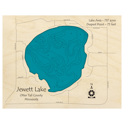 Bathymetric topo map of Jewett Lake, MN with roads, towns and depths noted in blue water.