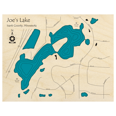Bathymetric topo map of Joes Lake, MN with roads, towns and depths noted in blue water.