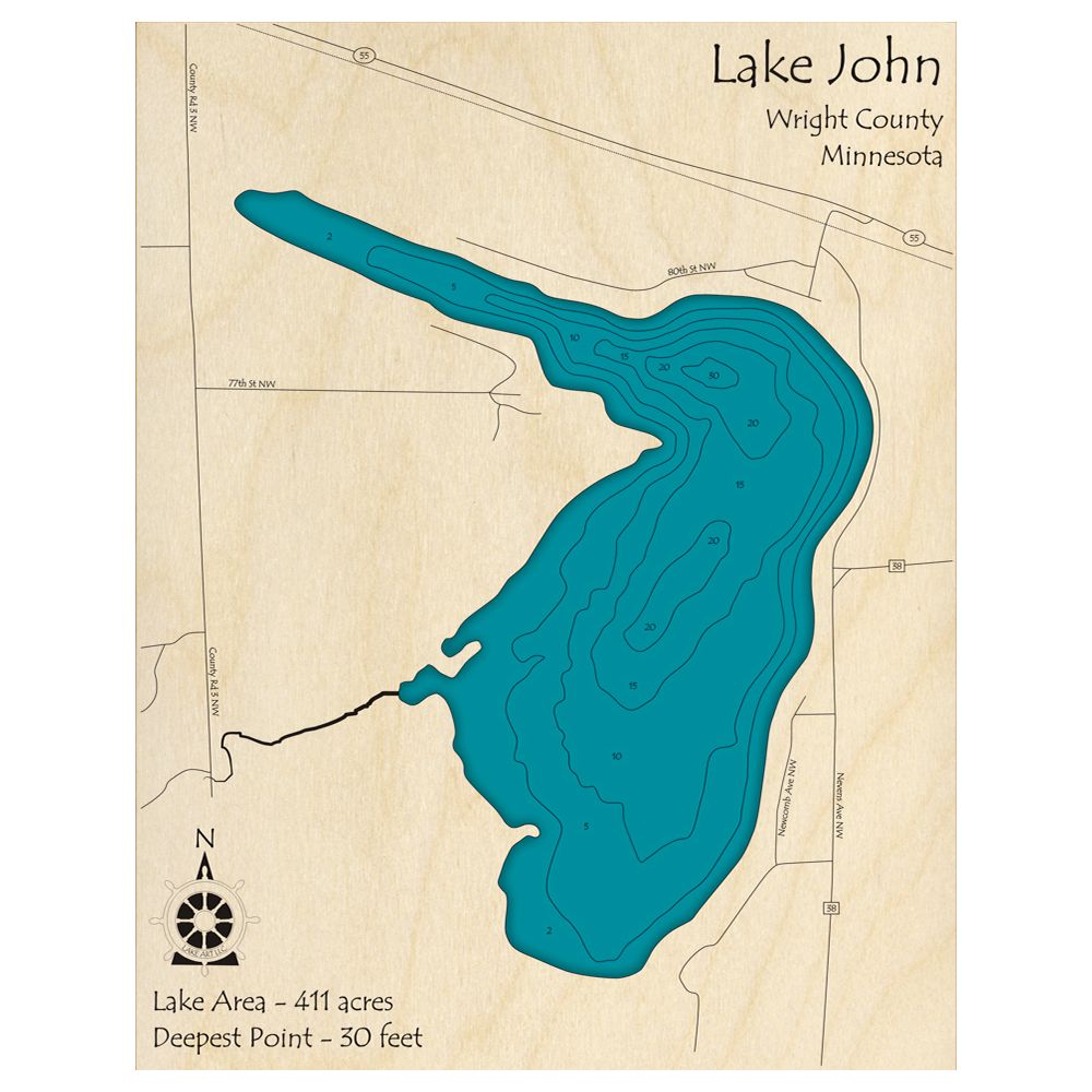 Bathymetric topo map of Lake John, MN with roads, towns and depths noted in blue water.