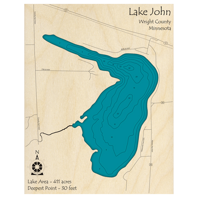 Bathymetric topo map of Lake John, MN with roads, towns and depths noted in blue water.
