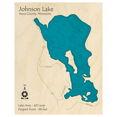 Bathymetric topo map of Johnson Lake, MN with roads, towns and depths noted in blue water.