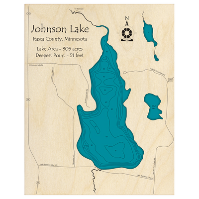 Bathymetric topo map of Johnson Lake, MN with roads, towns and depths noted in blue water.