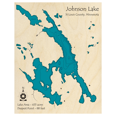 Bathymetric topo map of Johnson Lake, MN with roads, towns and depths noted in blue water.