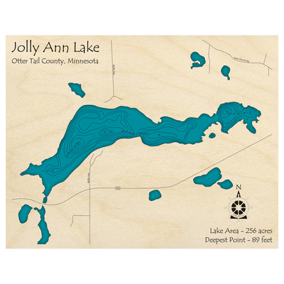 Bathymetric topo map of Jolly Ann Lake, MN with roads, towns and depths noted in blue water.