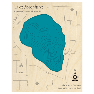 Bathymetric topo map of Lake Josephine, MN with roads, towns and depths noted in blue water.