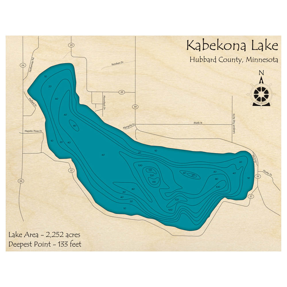 Bathymetric topo map of Kabekona Lake, MN with roads, towns and depths noted in blue water.