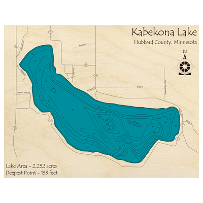 Bathymetric topo map of Kabekona Lake, MN with roads, towns and depths noted in blue water.