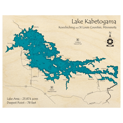 Bathymetric topo map of Lake Kabetogama, MN with roads, towns and depths noted in blue water.