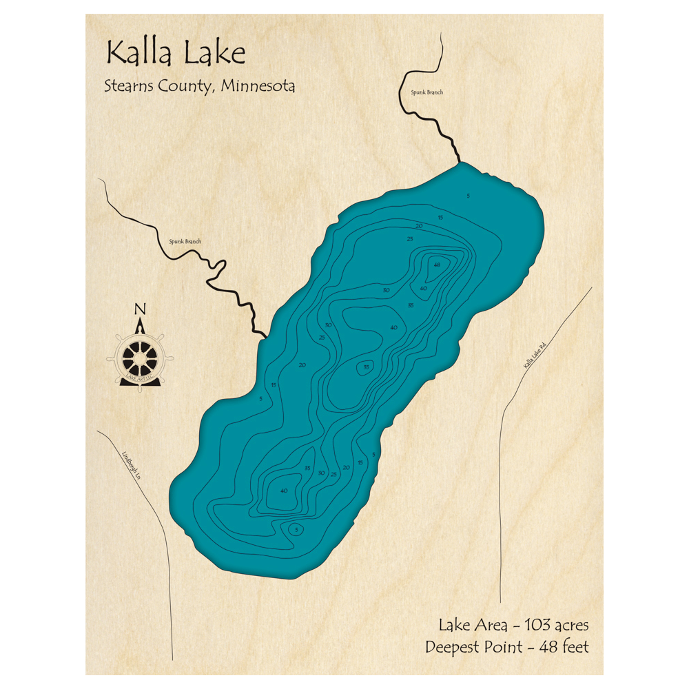 Bathymetric topo map of Kalla Lake, MN with roads, towns and depths noted in blue water.
