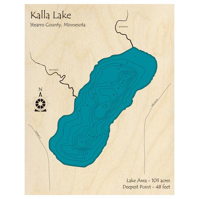 Bathymetric topo map of Kalla Lake, MN with roads, towns and depths noted in blue water.