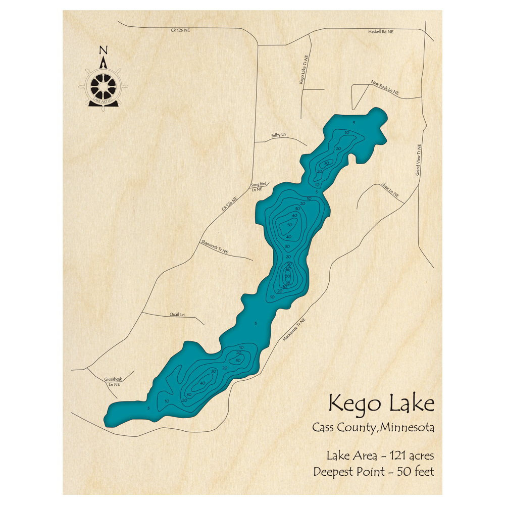 Bathymetric topo map of Kego Lake, MN with roads, towns and depths noted in blue water.