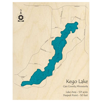 Bathymetric topo map of Kego Lake, MN with roads, towns and depths noted in blue water.