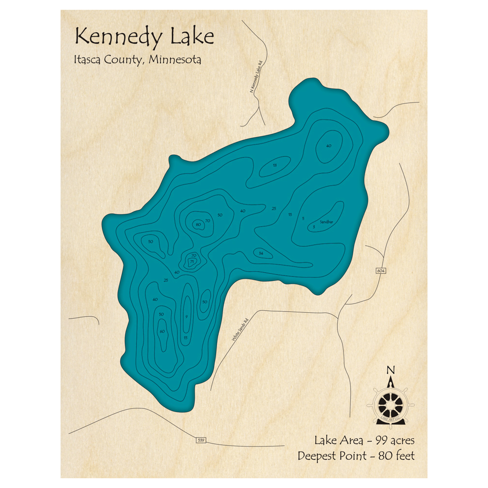 Bathymetric topo map of Kennedy Lake, MN with roads, towns and depths noted in blue water.
