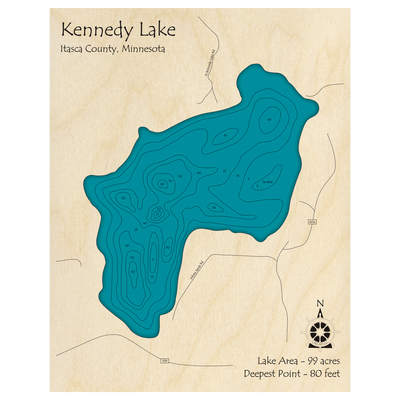 Bathymetric topo map of Kennedy Lake, MN with roads, towns and depths noted in blue water.