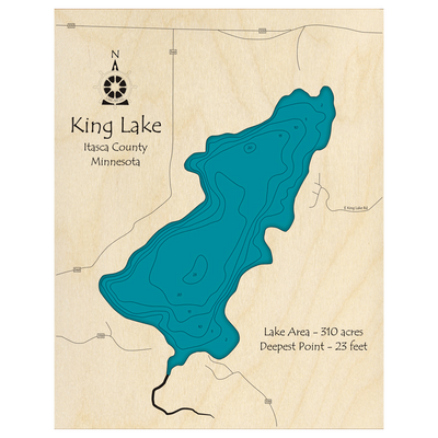Bathymetric topo map of King Lake, MN with roads, towns and depths noted in blue water.