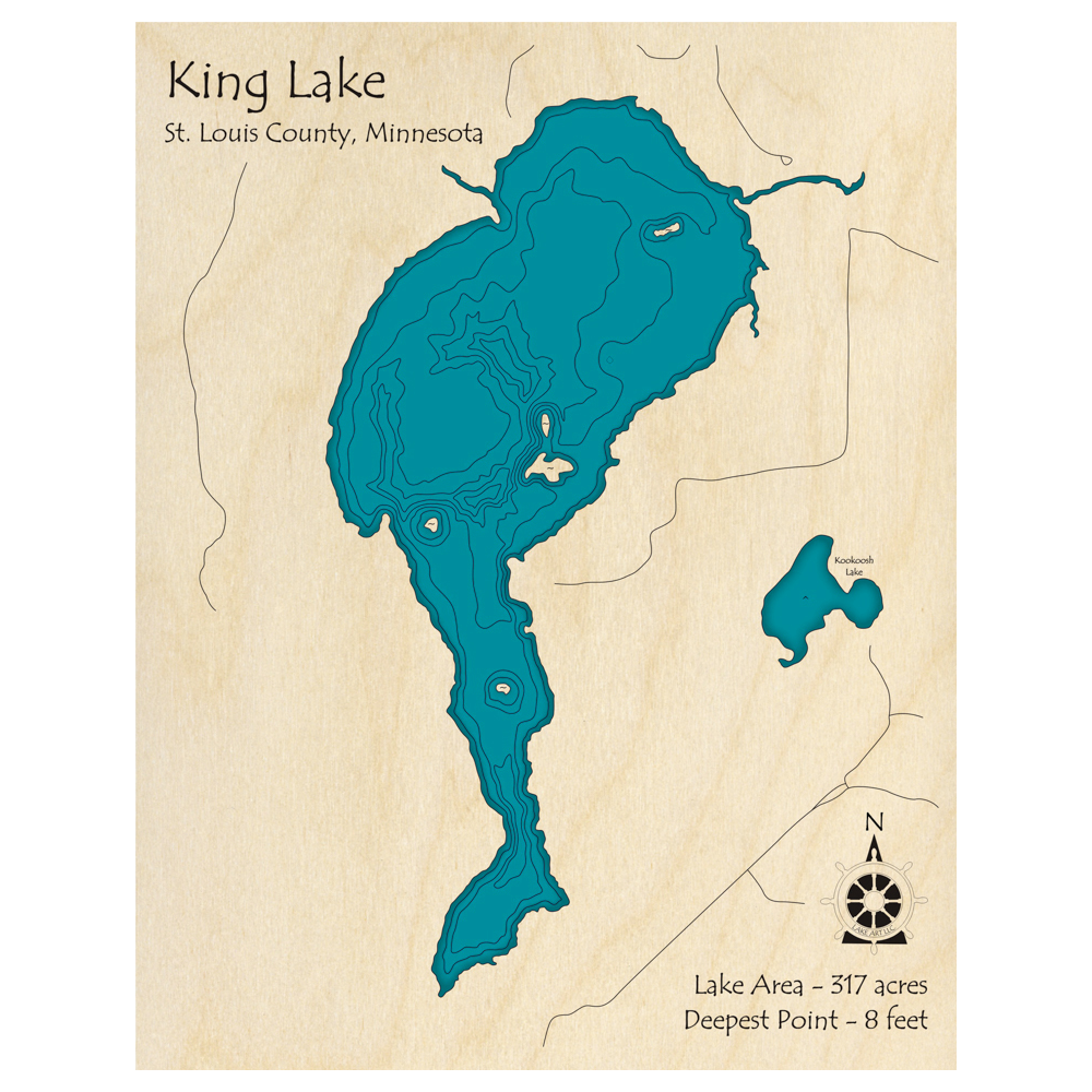 Bathymetric topo map of King Lake, MN with roads, towns and depths noted in blue water.