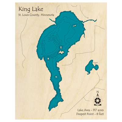Bathymetric topo map of King Lake, MN with roads, towns and depths noted in blue water.