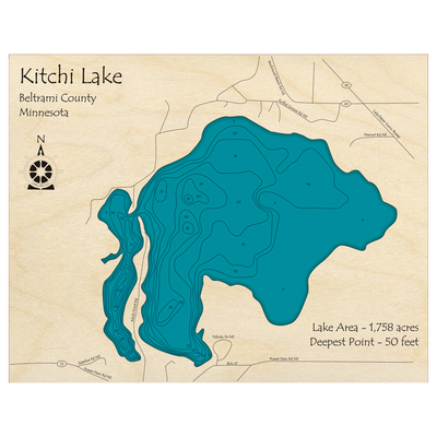 Bathymetric topo map of Kitchi Lake, MN with roads, towns and depths noted in blue water.