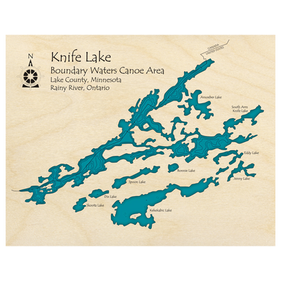 Bathymetric topo map of Knife Lake (MN, ON) with roads, towns and depths noted in blue water.