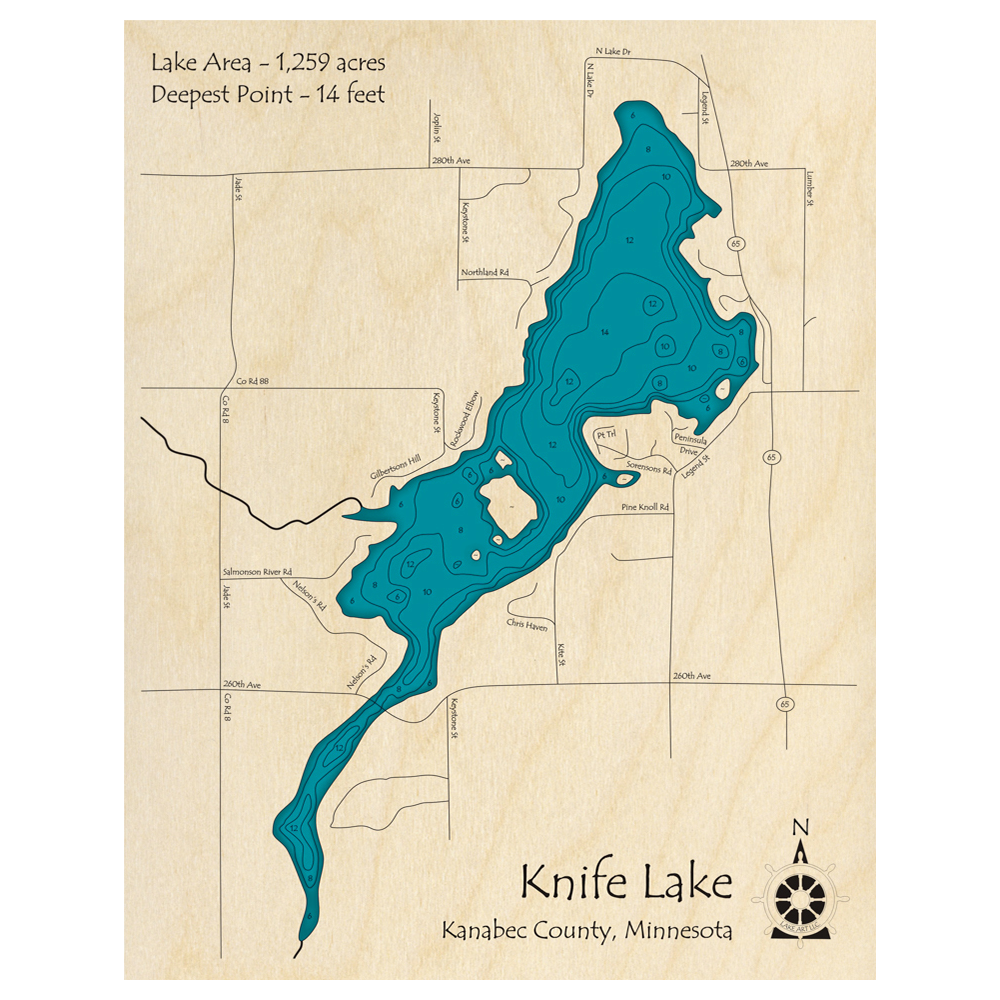 Bathymetric topo map of Knife Lake, MN with roads, towns and depths noted in blue water.