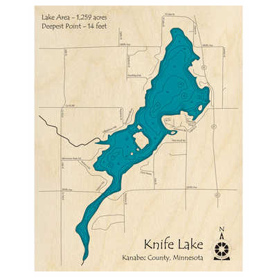 Bathymetric topo map of Knife Lake, MN with roads, towns and depths noted in blue water.