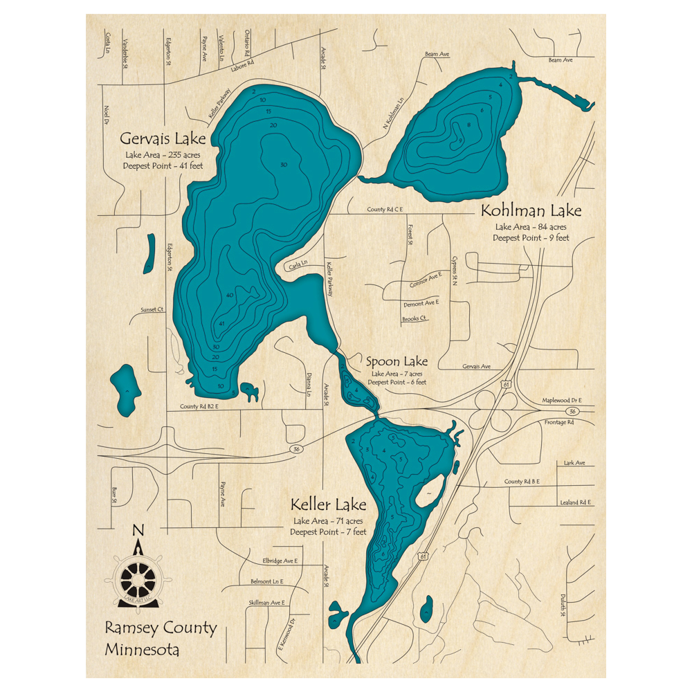 Bathymetric topo map of Kohlman, Gervais, Spoon, Keller, MN with roads, towns and depths noted in blue water.