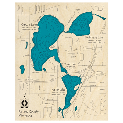 Bathymetric topo map of Kohlman, Gervais, Spoon, Keller, MN with roads, towns and depths noted in blue water.