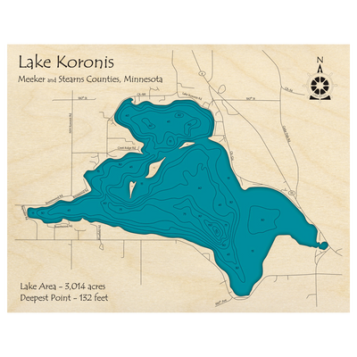 Bathymetric topo map of Lake Koronis, MN with roads, towns and depths noted in blue water.