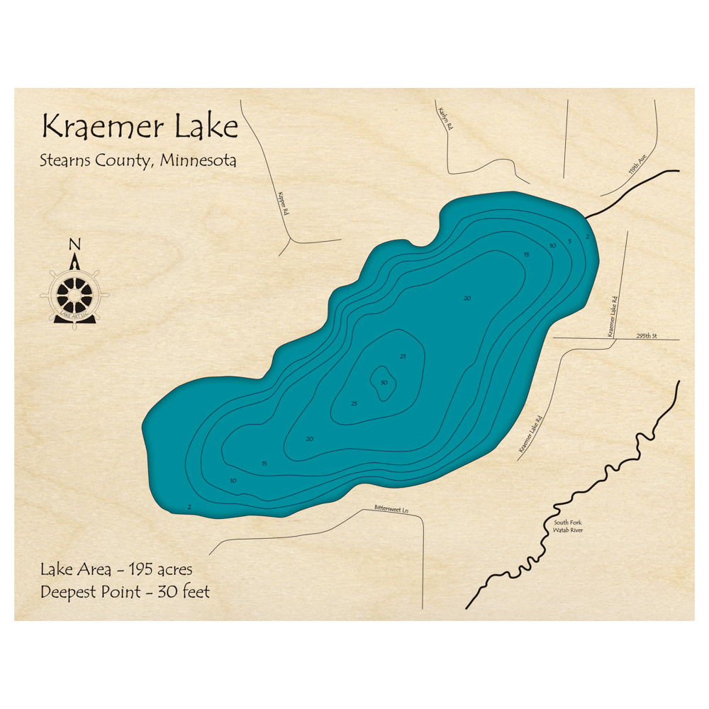 Bathymetric topo map of Kraemer Lake, MN with roads, towns and depths noted in blue water.