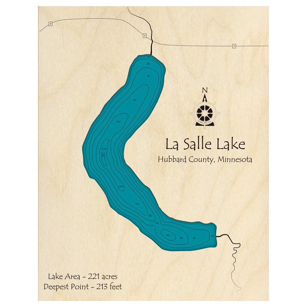 Bathymetric topo map of La Salle Lake, MN with roads, towns and depths noted in blue water.