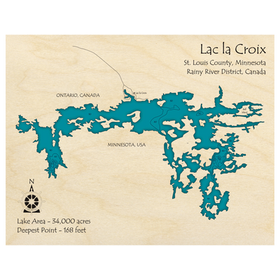 Bathymetric topo map of Lac la Croix (ON, MN) with roads, towns and depths noted in blue water.