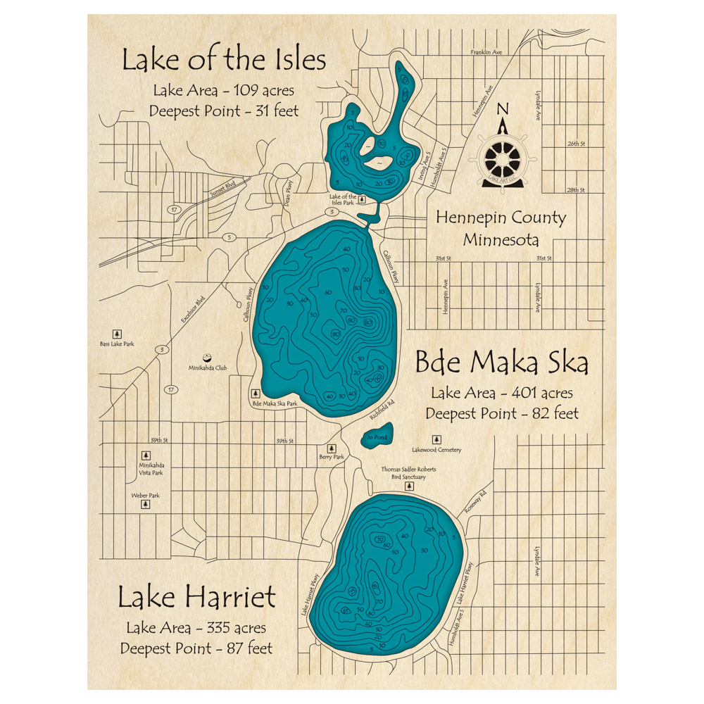 Bathymetric topo map of Lake of the Isles, MN with roads, towns and depths noted in blue water.