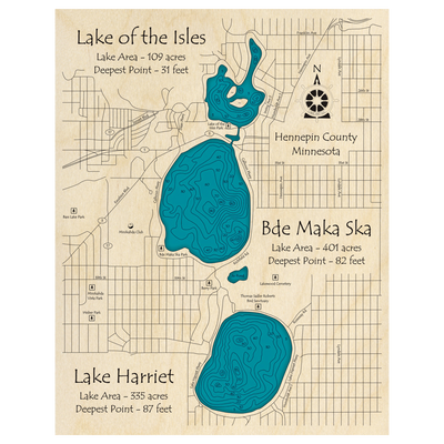 Bathymetric topo map of Lake of the Isles, MN with roads, towns and depths noted in blue water.