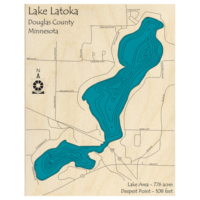Bathymetric topo map of Lake Latoka, MN with roads, towns and depths noted in blue water.