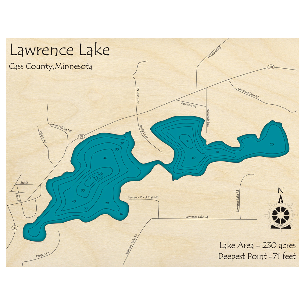 Bathymetric topo map of Lawrence Lake, MN with roads, towns and depths noted in blue water.