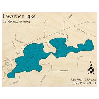 Bathymetric topo map of Lawrence Lake, MN with roads, towns and depths noted in blue water.