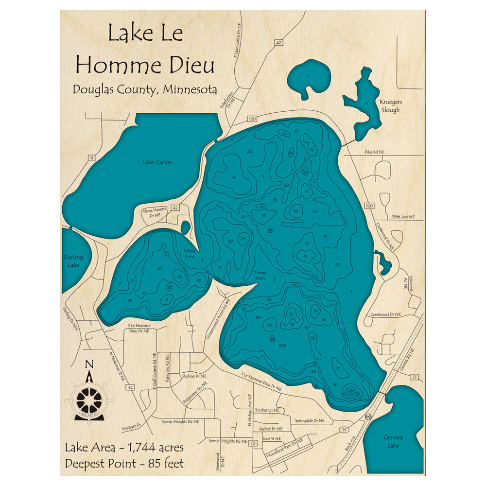 Bathymetric topo map of Lake Le Homme Dieu, MN with roads, towns and depths noted in blue water.