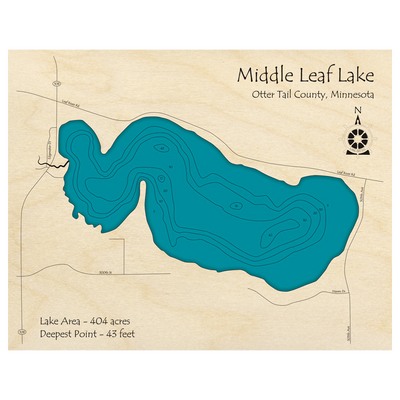 Bathymetric topo map of Leaf Lake, MN with roads, towns and depths noted in blue water.