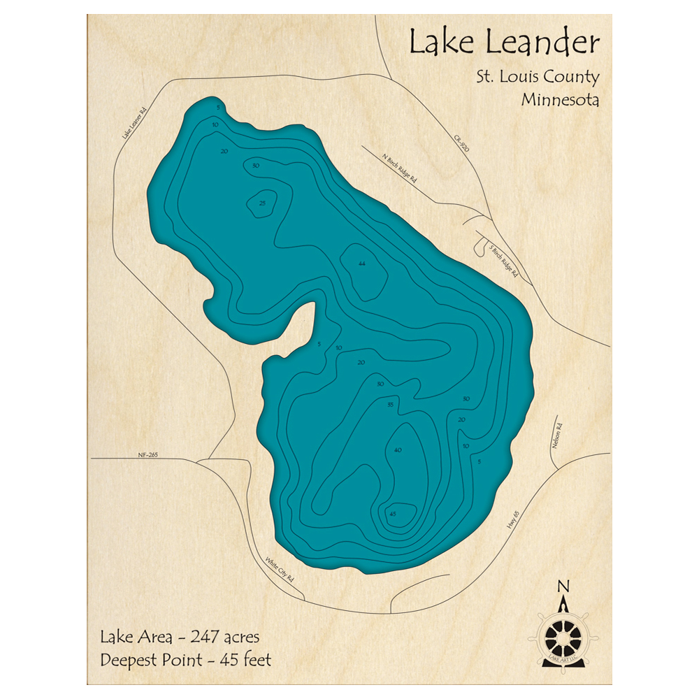 Bathymetric topo map of Lake Leander, MN with roads, towns and depths noted in blue water.