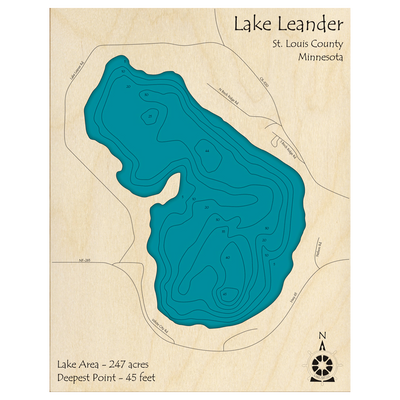 Bathymetric topo map of Lake Leander, MN with roads, towns and depths noted in blue water.