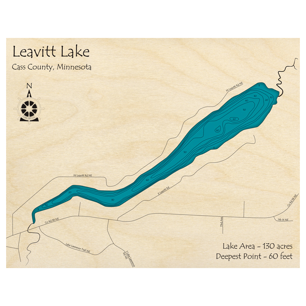 Bathymetric topo map of Leavitt Lake, MN with roads, towns and depths noted in blue water.