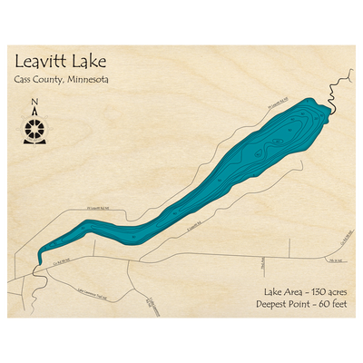 Bathymetric topo map of Leavitt Lake, MN with roads, towns and depths noted in blue water.