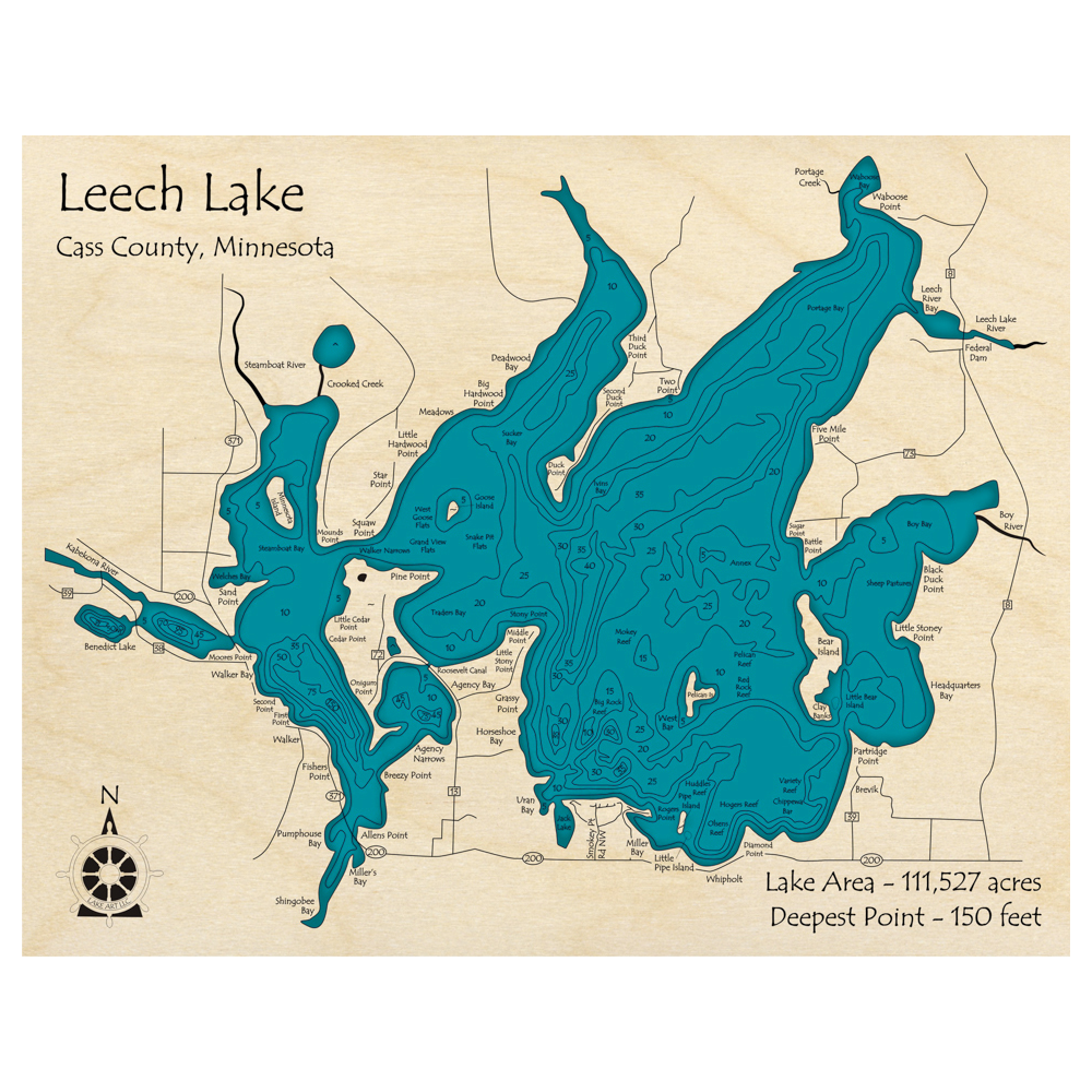 Bathymetric topo map of Leech Lake, MN with roads, towns and depths noted in blue water.