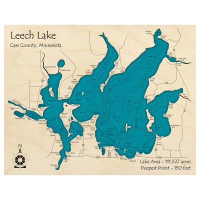 Bathymetric topo map of Leech Lake, MN with roads, towns and depths noted in blue water.