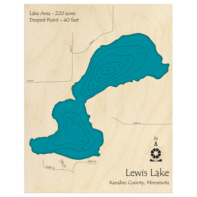 Bathymetric topo map of Lewis Lake, MN with roads, towns and depths noted in blue water.