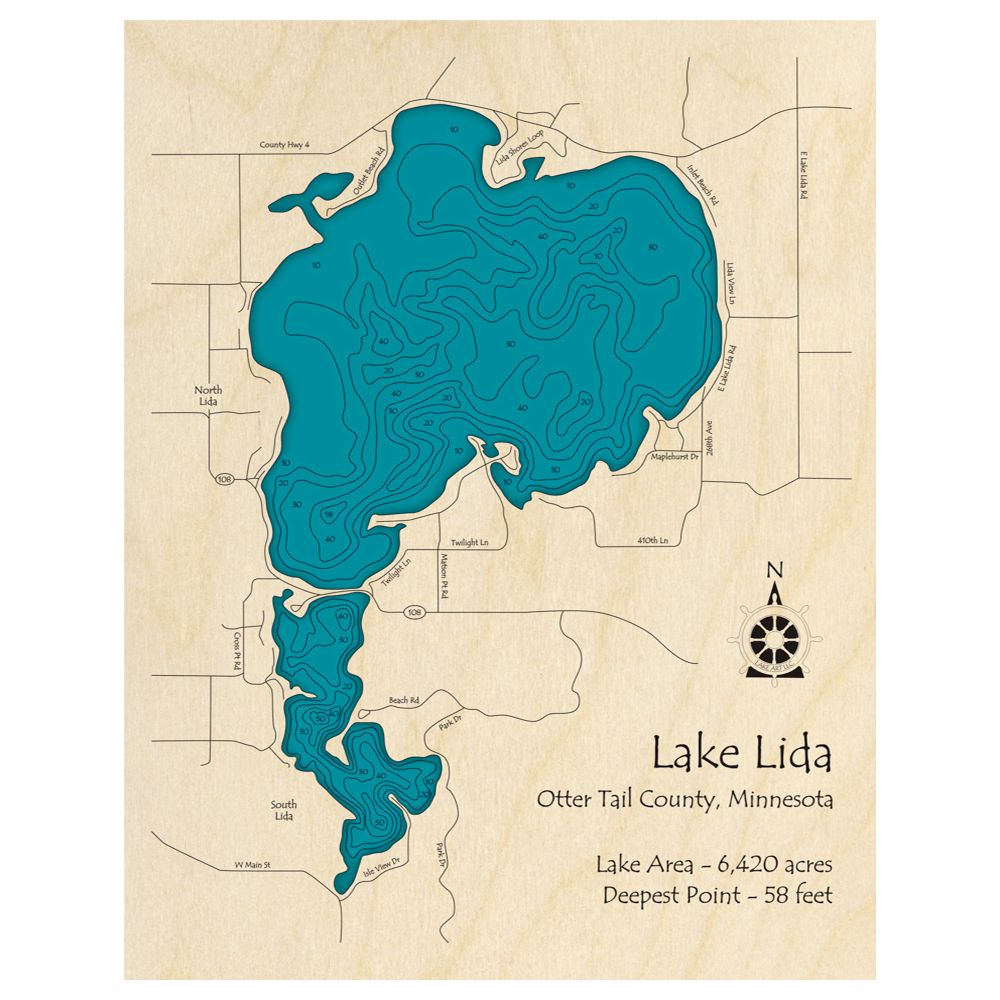 Bathymetric topo map of Lake Lida, MN with roads, towns and depths noted in blue water.
