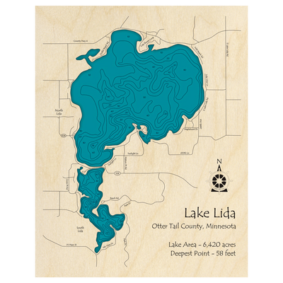 Bathymetric topo map of Lake Lida, MN with roads, towns and depths noted in blue water.