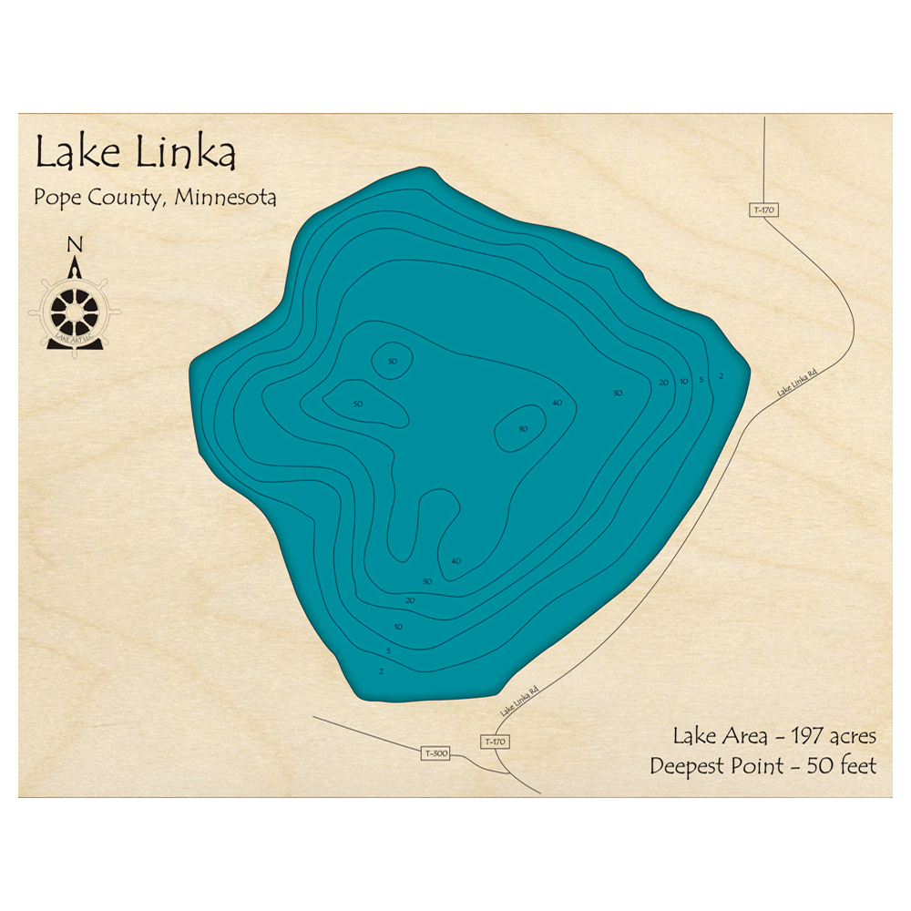 Bathymetric topo map of Lake Linka, MN with roads, towns and depths noted in blue water.