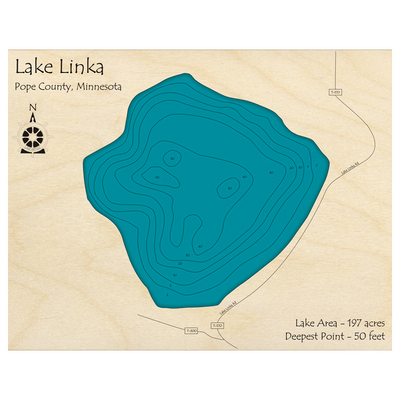 Bathymetric topo map of Lake Linka, MN with roads, towns and depths noted in blue water.
